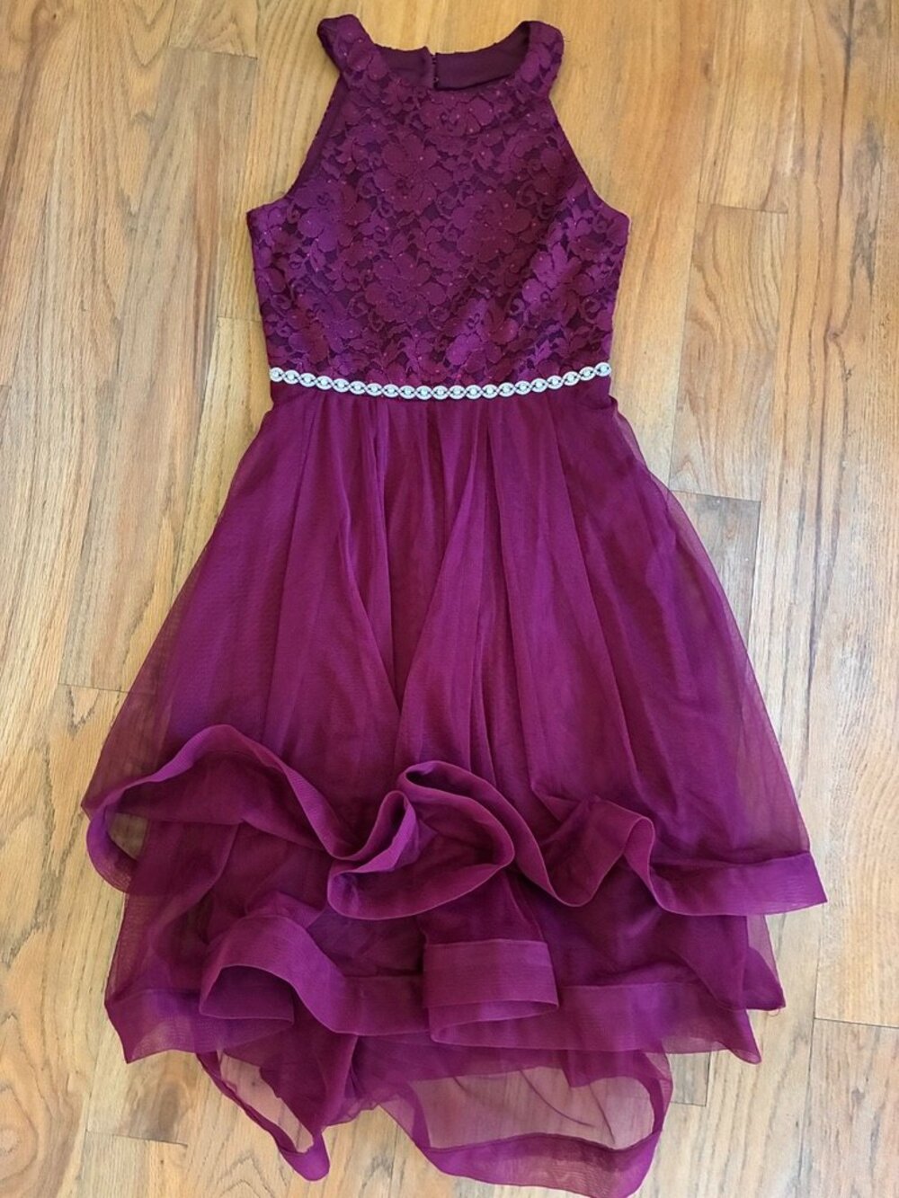 Girls Plum Purple Floral Lace Rhinestone High Low Party Dress Size 12